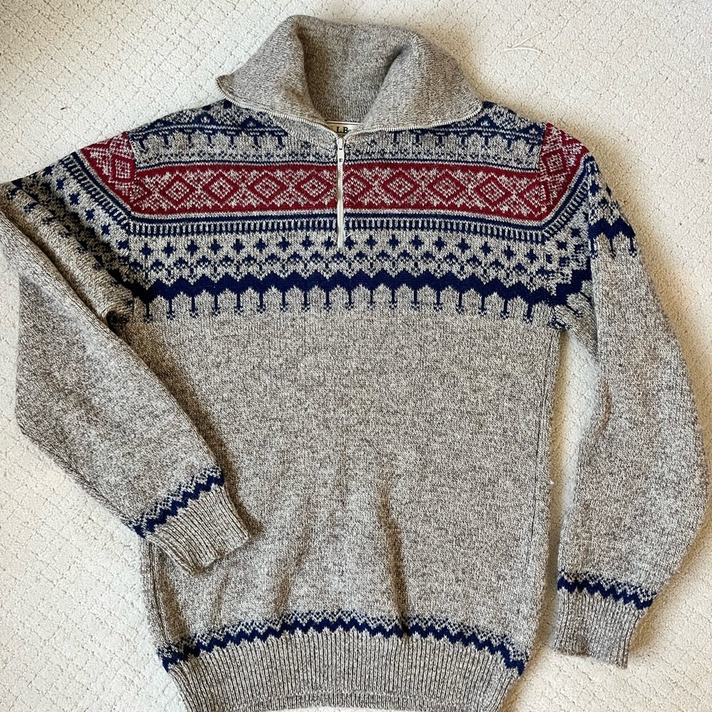 Vintage LL Bean Wool Nordic Fair Isle 1/4 Zip Pullover Sweater Size Medium